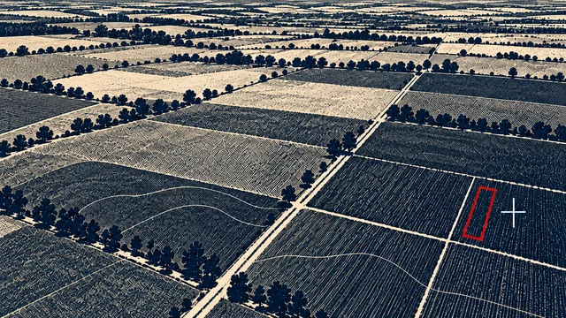 Print-style illustration showing open farmland with a small plot marked in red.