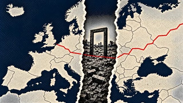 Print-style illustration showing a map of Europe split by ruins and an empty doorway.